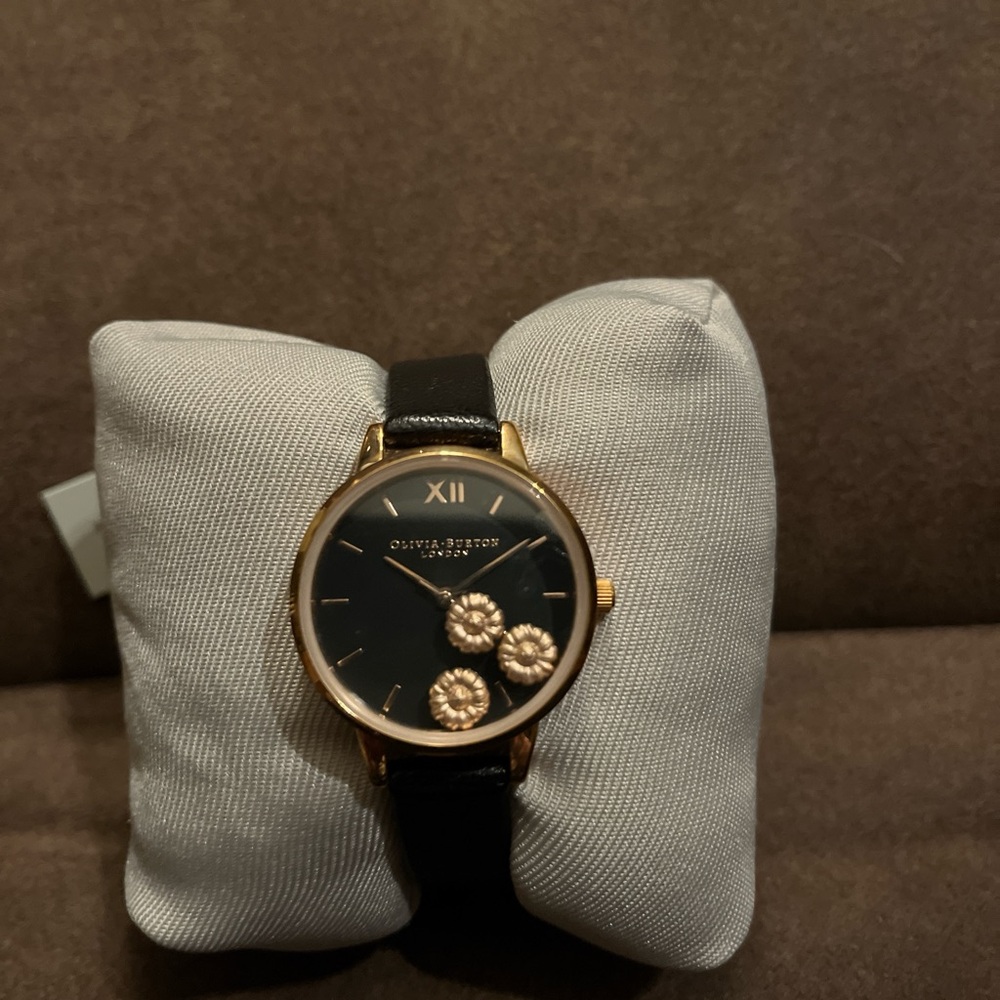 Olivia Burton Dancing Daisies Black and Rose Gold Watch w/ Blk Leather Band - Picture 5 of 5